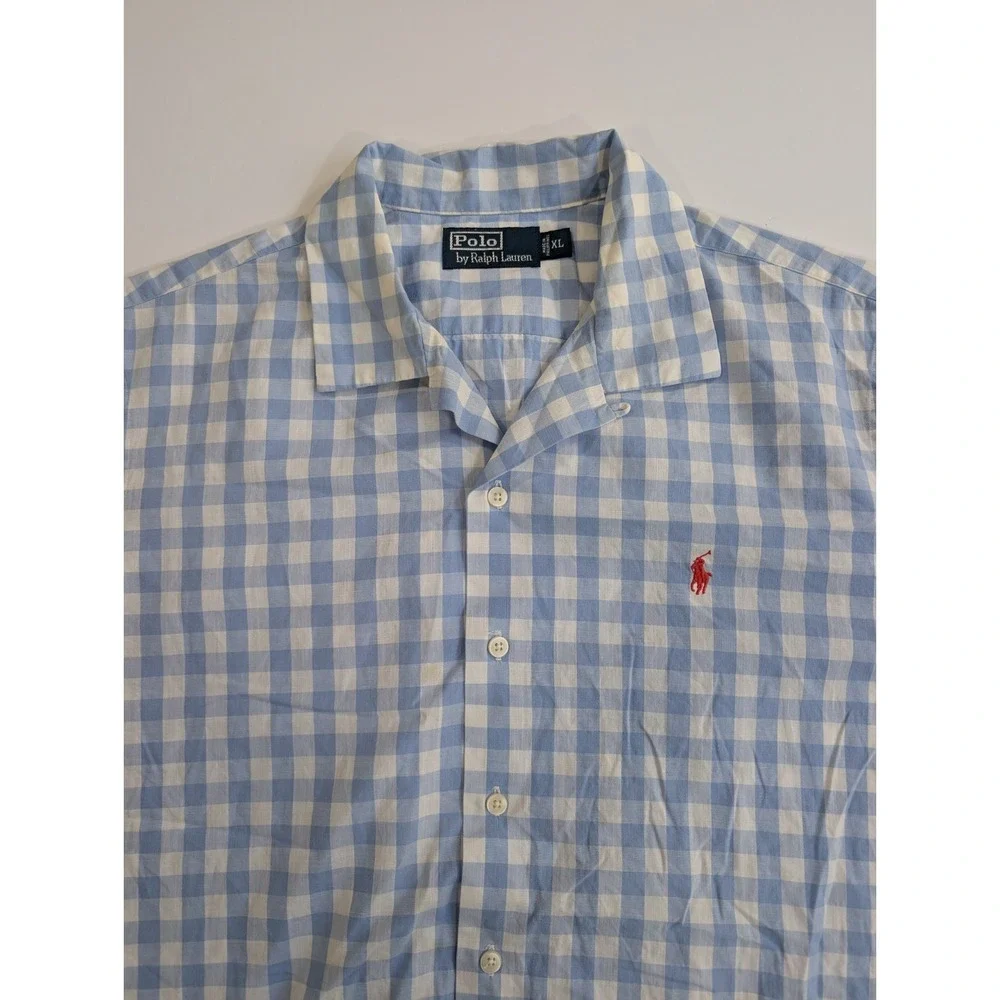 VTG Polo Ralph Lauren Caldwell Camp Collar Shirt Men's XL Gingham Blue White